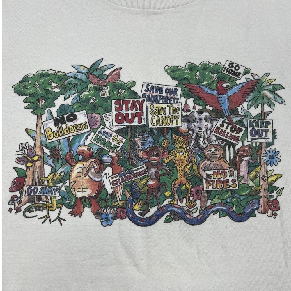 Anvil Save Our Rainforest Graphic T-Shirt Mens XL White Vintage Single Stitch